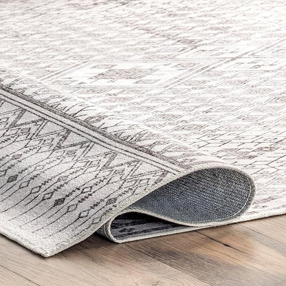 nuLOOM Hettie Transitional Tribal Machine Washable Ultra Thin Area Rug, 8' x 10', Light Grey