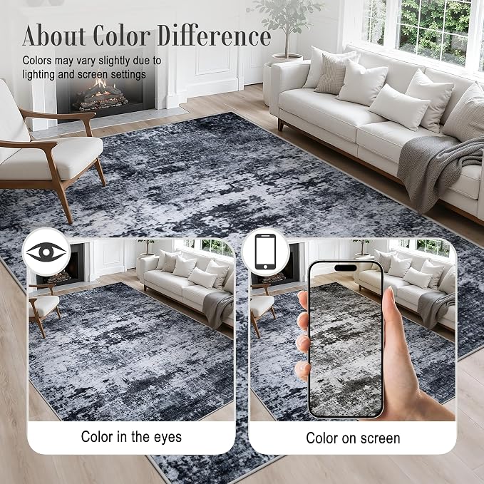 4x6 Area Rug Living Room Rug: Washable Modern Abstract Soft Thin Rug Indoor Floor No Slip Stain Resistant Carpet for Bedroom Dining Room Farmhouse Nursery Home Office - Black