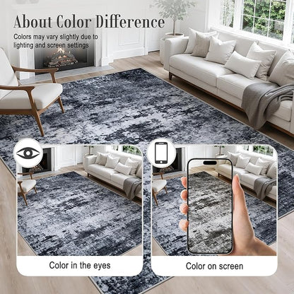 4x6 Area Rug Living Room Rug: Washable Modern Abstract Soft Thin Rug Indoor Floor No Slip Stain Resistant Carpet for Bedroom Dining Room Farmhouse Nursery Home Office - Black
