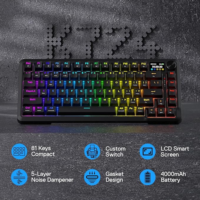 Redragon K724 PRO Wireless 81-Key Gasket Gaming Keyboard with Screen & Knob | Easy-Control LED Info Display, 0-Delay Tri-Mode, Cushioned 5-Layer Noise Dampening for Creamy Thocky Sound, Compact 80% Size