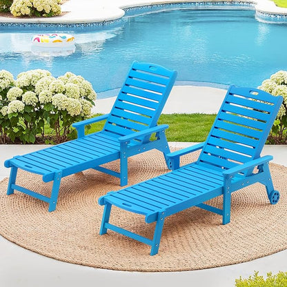 LUE BONA Outdoor Chaise Lounge Chairs Set of 2, 79'' Oversized HDPS Chaise Lounger, 5 Positions Adjustable Lounge Chairs, Pool Lounge Chair with Wheels for Poolside,3 Year Warranty, Blue