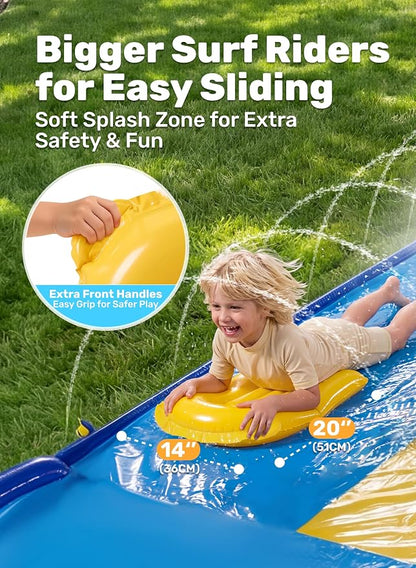 Sloosh Triple Water Slide with 3 BodyBoards, 18FT Lawn Slip Water Splash Slide Summer Toy Splash Pad with Build in Advanced Sprinkler for Kids Adults Backyard Summer Water Fun