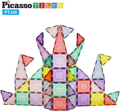 PicassoTiles Magnetic Tiles Blocks Magnet Tile Magnets Building Blocks Construction Toy Set with Reflective Leaf Flakes Magnetic Building Tiles Toys STEM Learning Kit Stacking Block Playset PTJ48