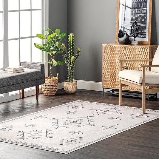nuLOOM Evalyn Southwestern Machine Washable Ultra Thin Area Rug, 9' x 12', Cream