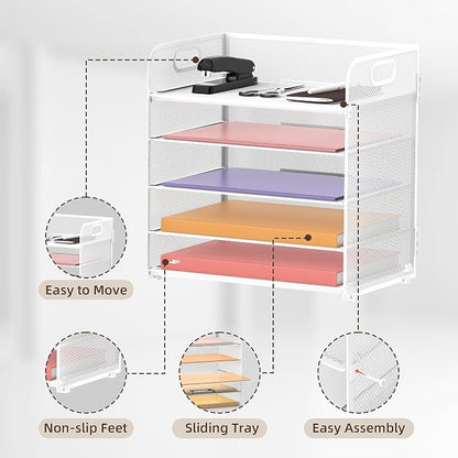 Supeasy 5 Trays Paper Organizer Letter Tray with Handle-Mesh Desk File Holders, Paper Sorter Desk Organizer for Office, Home, Classroom or School, White