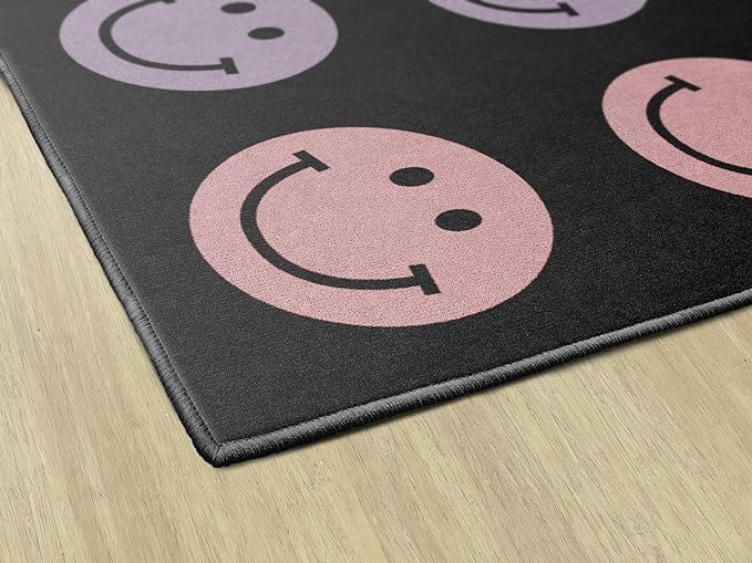 Flagship Carpets Schoolgirl Style Rainbow Smileys in Black Criss-Cross Applesauce Educational Area Rug for Kids Room, Children's Classroom for Teaching & Playroom, 7'6" x 12', Black & Multi, Seats 28