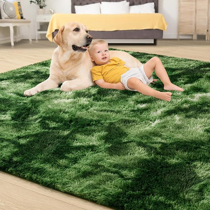 Tepook Fluffy Dark Green Rugs for Living Room Bedroom, 5x8 Soft Area Rug Tie-Dyed Forest Moss Green Kids Girls Boys Rug, Indoor Plush Shaggy Non-Slip Carpet for Nursery Classroom Dorm Home Decor