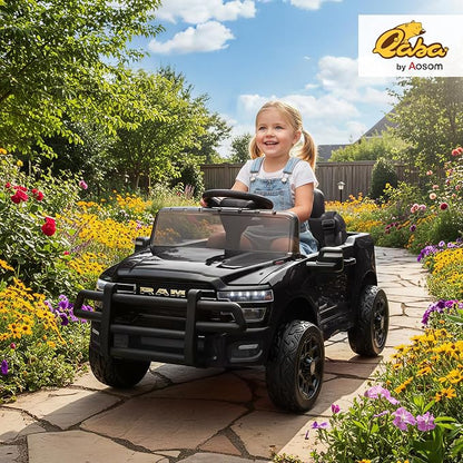 Qaba 12V Kids Ride on Car, Licensed Dodge RAM 3500 Electric Car for Kids with Dual Motors, Parent Remote Control, Rear Suspension, Power Display, Bluetooth Music and LED Lights, Black