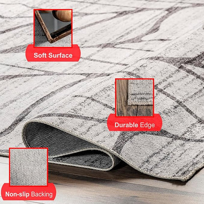 nuLOOM Lanette Abstract Leaves Machine Washable Ultra Thin Runner Rug, 2' 6" x 8', Light Grey