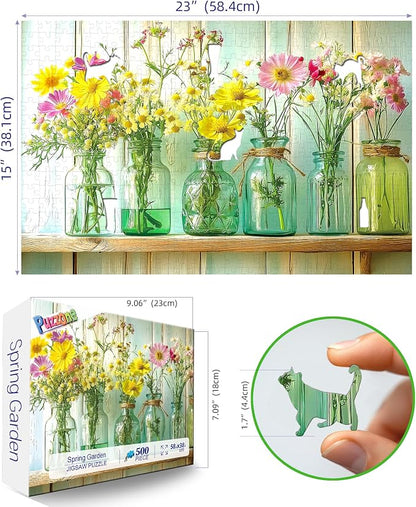 Floral Vintage Glass Jars Jigsaw Puzzle 500 Pieces for Adults Wildflower Bouquet Flowers Puzzle with Letters on Back Fun Challenge Puzzle for Game Night for Seniors & Family（23x15 Inch）