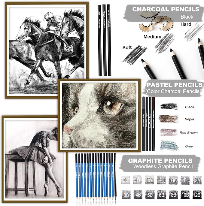 KALOUR 82 Pack Drawing Sketching Kit, Pro Art Supplies with Sketchbook, Include Tutorial,Colored, Graphite, Charcoal, Watercolor,Metallic & Pastel Pencils, Drawing Set for Adults Teens Beginner