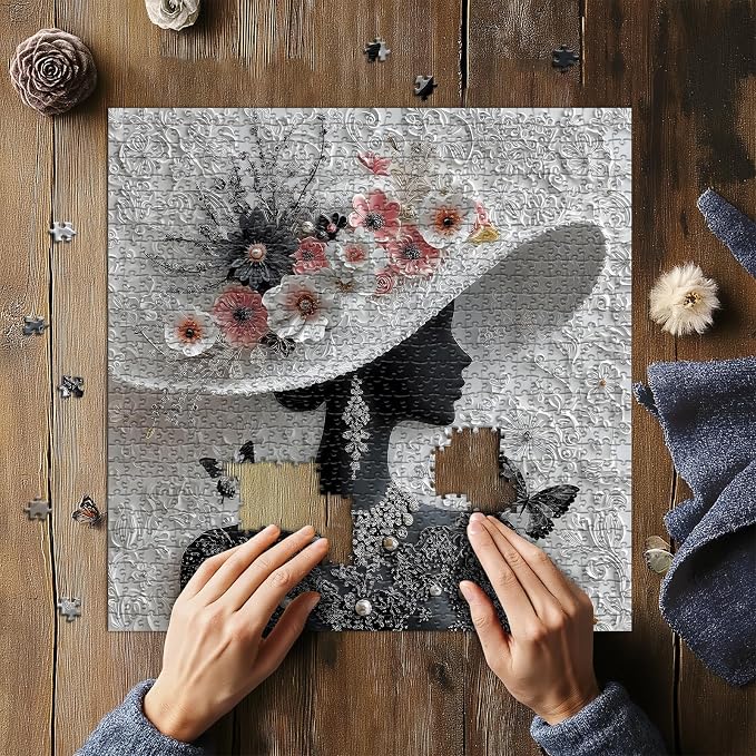 Impossible Puzzles for Adults 1000 Pieces,PICKFORU Floral Muse Puzzle Elegant Lady,Beauty Flower Woman Puzzle Black and White Pearl,Hard Challenge Jigsaw Puzzles Aesthetic