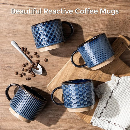 GBhome 12 OZ Stackable Coffee Mugs Set of 4, Ceramic Coffee Cups Set | Coffe Cups With Saucer and Stand, Dishwasher&Microwave Safe, 4 Assorted Designs