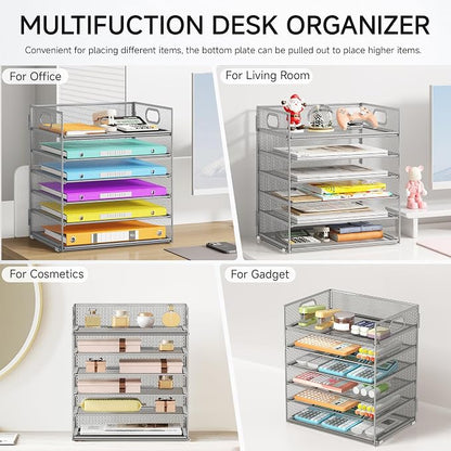 6 Tray Paper Organizer Letter Tray with Handle - Mesh Desk File Folder Holder, Paper Sorter for Office, Home or School - Silver