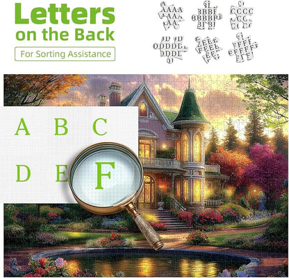 Victorian House Sunset 500 Piece Puzzle for Adults - Jigsaw Puzzles with Autumn Flowers & Scenic Landscape - Lakeside Cottage Challenging Puzzles for Adults & Seniors Gift (23"x15")