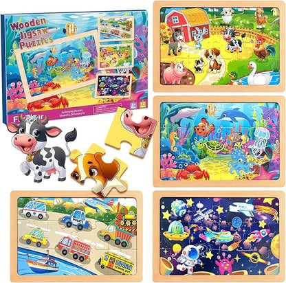 Wooden Puzzles for Toddler Ages 3+, 12 Piece Vehicle Farm Space Ocean Jigsaw Puzzles for Kids 4 Packs, Preschool Toddlers Learning Activity Puzzles Toys for Boys Girls 3 4 5 6 Years Old