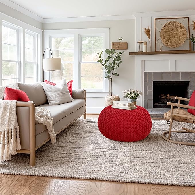 COTTON CRAFT - Hand Knitted Cable Style Dori Pouf - Red - Floor Ottoman - Cotton Braid Cord - Handmade & Hand Stitched - Truly one of a Kind Seating - 20 Dia x 14 High