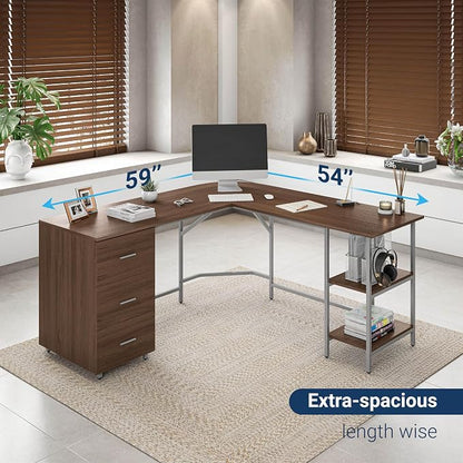 Techni Mobili L Shaped Desk - Two-Toned Computer Desk with Drawers & Storage Shelves - Simple Modern Furniture & Home Office Space Corner Table for Work & Writing | 59" two‑tone L‑shaped desk with storage shelves, durable frame, modern corner workstati...