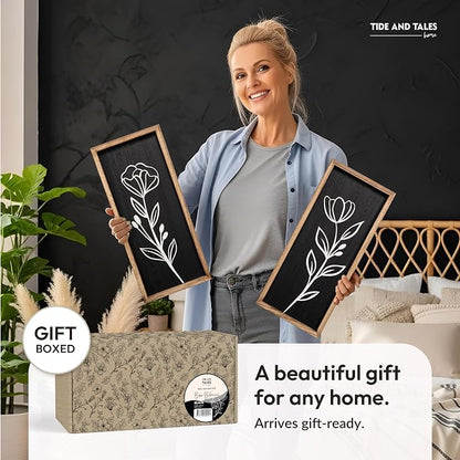 3D Vintage Black Living Room Decor (Set of 2) Lightweight, Wooden Ready-to-Hang Framed Moody Floral Wall Art for Bathroom, Bedroom or Office - Dark Textured Boho Farmhouse Wall Decor - Gift-Boxed