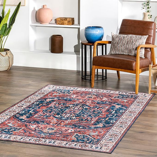 nuLOOM 4x6 Machine Washable Rain Haven Vintage Medallion Area Rug, Rust, Traditional Faded Design, Non-Slip Backing, Stain Resistant, For Bedroom, Dining Room, Living Room, Kitchen