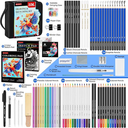 106 Pack Art Supplies Sketching Kit with 3-Color Sketchbook, Coloring Book, Tutorial, Graphite Colored Charcoal Watercolor & Metallic Pencils, Drawing Supplies Gift Case for Artists Beginners Adults