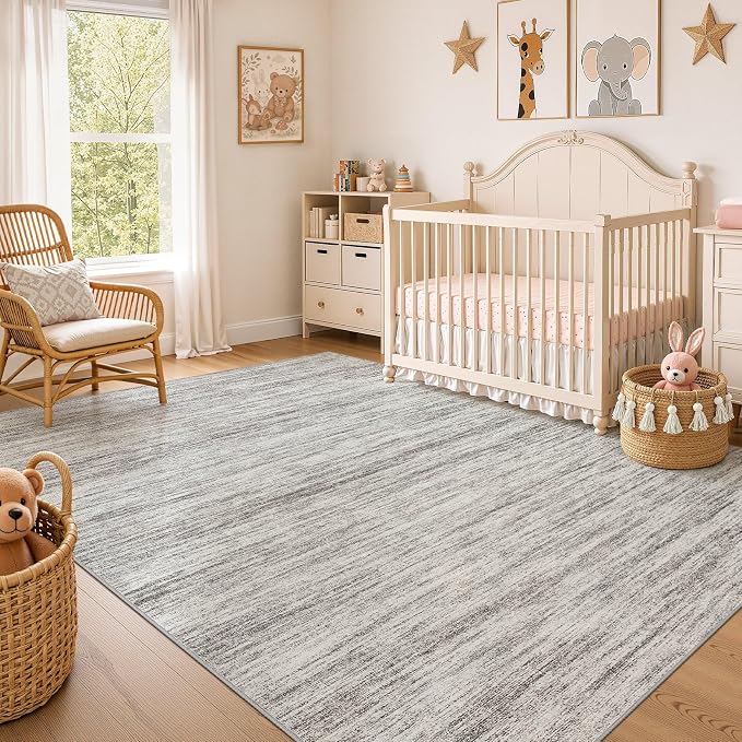 Nakagishi 6X8 Area Rugs Living Room: Washable Large Vintage Rug Neutral Non-Slip Soft Stain Resistant Indoor Carpet for Bedroom Nursery Dining Room Office Playroom - Grey