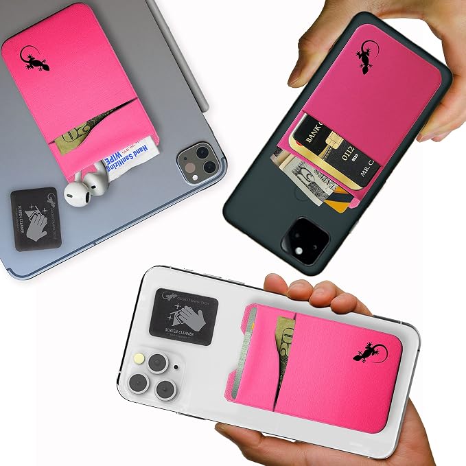 Gecko Travel Tech Double Pocket - Adhesive Card Holder - Cell Phone Pouch - Stick on Spandex Pocket - Carry Credit Cards and Cash (PINK BLACK)