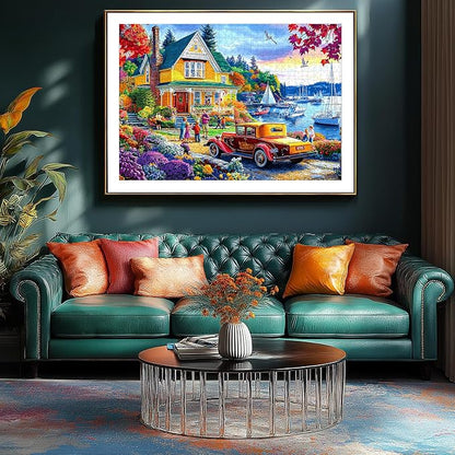 500 Piece Jigsaw Puzzles for Adults Autumn Harbor Cottage Scenic Puzzle Seaside Vibrant Fall House Scenery Puzzles for Seniors & Families, Fun Relax Puzzles with Letters on Back, 23x15 Inch