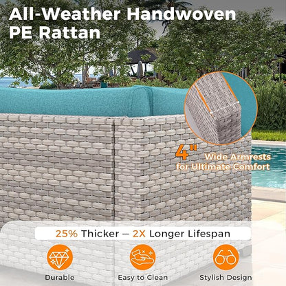 14-Seat Modern Patio Furniture Set with Swivel Rocking Chairs, Thick 4″ Cushions, Dual-Strand Wicker Rattan, Rust-Resistant Steel Frame – Outdoor Conversation & Modular Sectional,Blue
