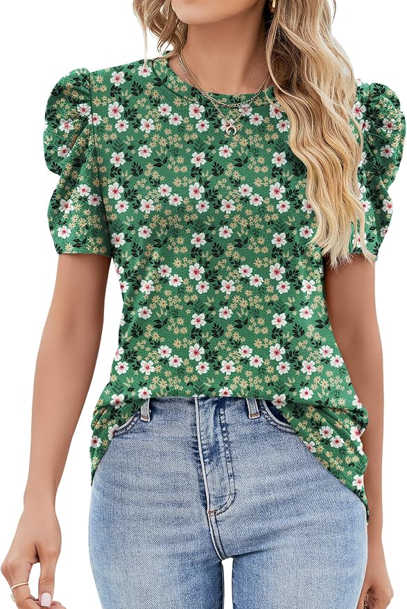 Ivicoer Puff Short Sleeve Shirt for Women Eyelet Tops Summer Crewneck Blouse Loose Fit S-XXL