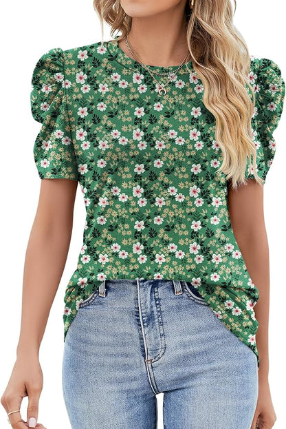 Ivicoer Puff Short Sleeve Shirt for Women Eyelet Tops Summer Crewneck Blouse Loose Fit S-XXL