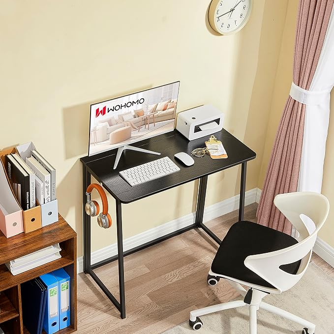 WOHOMO Folding Desk, 31.5" Foldable Computer Table for Small Spaces, Black | Easy Assembly and Fold, Sturdy Home office desks for Study Bedroom Dorm Space Saving Writing Work Apartment