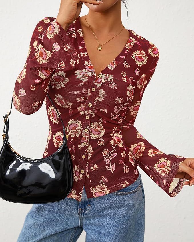 BTFBM Button Down Shirts for Women 2026 Fall Boho Tops V Neck Long Sleeve Blouses Ruched Mesh Fitted Fashion Clothing