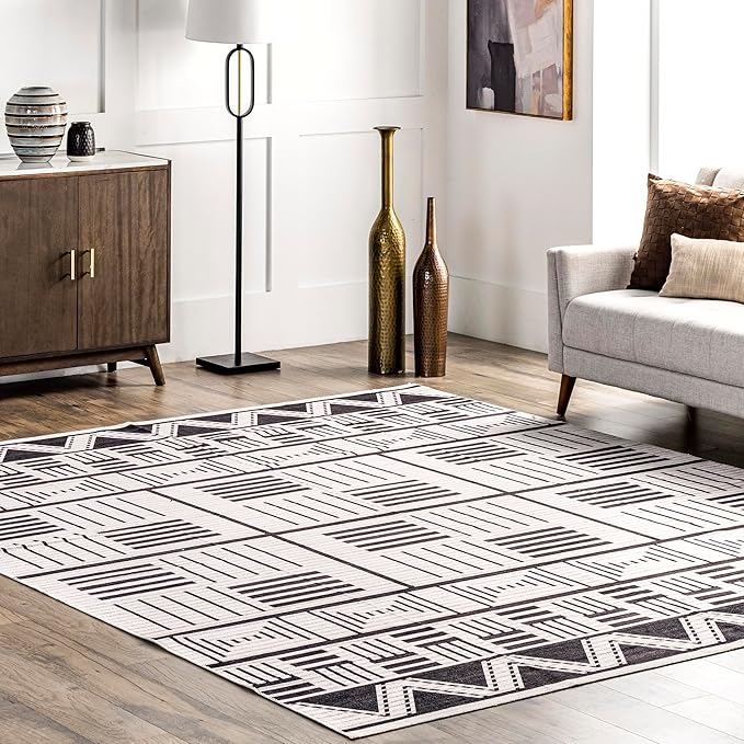 nuLOOM Evia Tribal Stripes Machine Washable Ultra Thin Area Rug, 5' x 8', Charcoal
