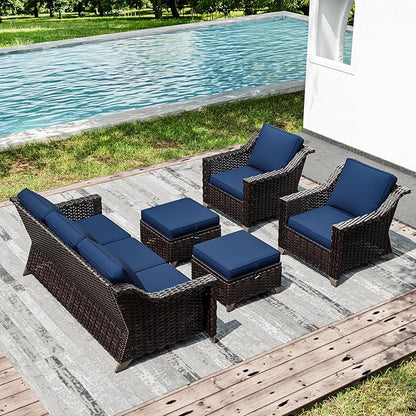 Joyside Wicker Patio Furniture Sets, 5 Pieces Upgraded Large Size Outdoor Furniture with Patio Dining Chairs, 3-Seat Sofa and Outdoor Ottoman, Thick Cushions, Wide Armrest