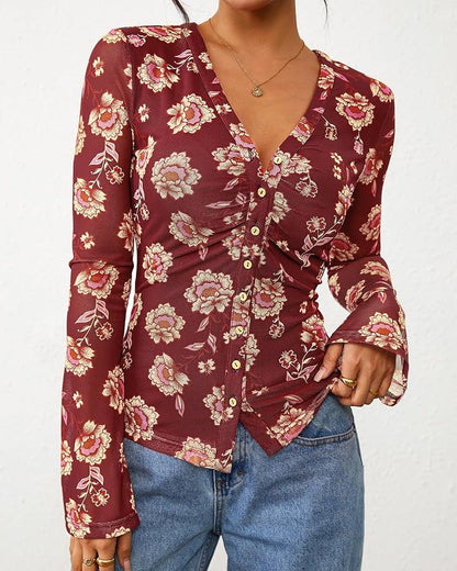 BTFBM Button Down Shirts for Women 2026 Fall Boho Tops V Neck Long Sleeve Blouses Ruched Mesh Fitted Fashion Clothing