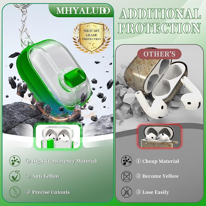 for AirPods 4th Generation Case 2024 with Bright Plated Bezel and Switches, Military-Grade Shockproof Transparent Anti-Yellowing for AirPods 4 Cover, Green