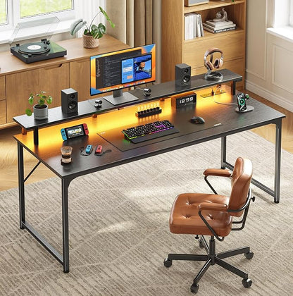 PRAISUN 55 inch Gaming Desk, LED & Power Outlets, Monitor Stand, Black | Sturdy PC Desk for Home Office, Study & Work, LED Lights, 4 AC Outlets & USB-C Charging Station