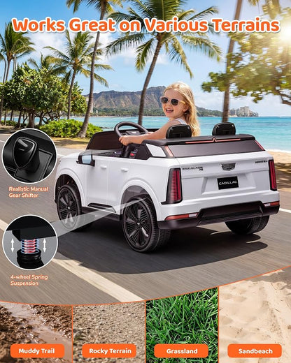 Firstness 2 Seater Ride on Car for Kids 24V Licensed Cadillac Escalade IQ Powered Wheels with Remote Control 400W Electric Ride on Toy with 3 Speed Light Music 7AH Battery Car for Kids Ages 3-8, White