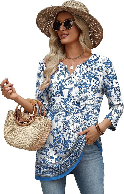 OFEEFAN Summer Boho Tops For Women 3/4 Length Sleeve Womens Tops Vacation Outfits