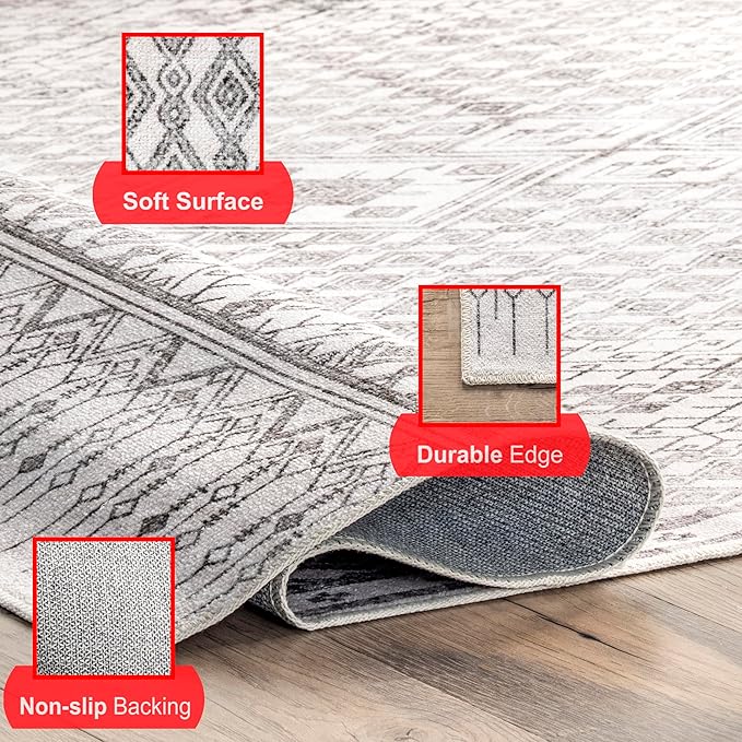 nuLOOM Hettie Transitional Tribal Machine Washable Ultra Thin Area Rug, 8' x 10', Light Grey