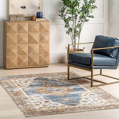 nuLOOM Gracie Distressed Medallion Machine Washable Ultra Thin Area Rug, 8' x 10', Blue