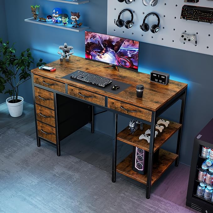 Sweetcrispy 47" Computer Desk with 6 Fabric Drawers & Storage Shelves | Reversible Gaming Desk, Office Desk, Computer Workstation, Corner Desk with Storag, Home Office, Living Room, Rustic Brown