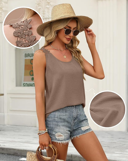 OFEEFAN Tank Top for Women Loose Fit Crew Neck Sleeveless Shirts Strap Lace Camisole Chiffon Summer Tops Curved Hem