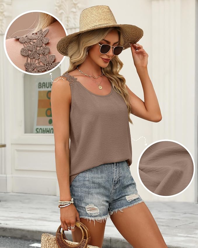 OFEEFAN Tank Top for Women Loose Fit Crew Neck Sleeveless Shirts Strap Lace Camisole Chiffon Summer Tops Curved Hem