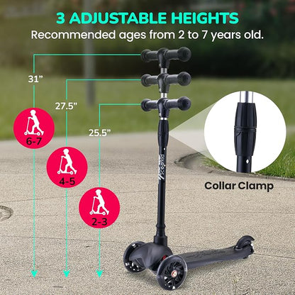 Hurtle Mini Kickboard 3 Wheel Scooter for Kids Ages 2-5 - Lean-to-Steer Toddler Scooter with Light-up LED Wheels, Adjustable Height & Rear Foot Brake for Boys. & Girls, Anti-Slip, Indoor/Outdoor