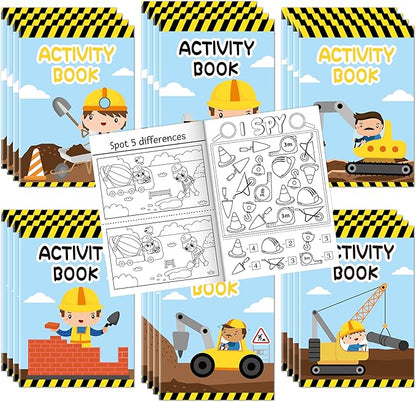 Dvbonike 24Pcs Construction Activity Books - Construction Vehicles Mini Fun Games Coloring Book Bulk with Excavator Forklift Truck Party Favors Goodie Bag Stuffers Classroom Rewards Supplies