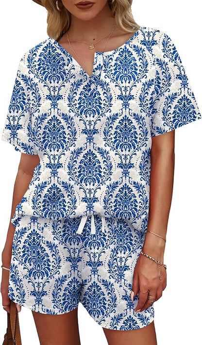WIHOLL Two Piece Outfits for Women Lounge Sets Button Down Top and Shorts Set Sweatsuits with Pockets