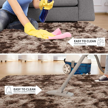 Tepook 4x6 Area Rugs for Living Room Bedroom, Soft Fluffy Plush Shaggy Girls Boys Kids Room Rug, Shag Upgrade Non-Slip Throw Carpet for Dorms Nursery Classroom Home Decor, Tie-Dyed Brown