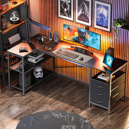 Huuger L Shaped Desk with Power Outlets, 63 Inch Reversible Computer Desk with 3 Drawers and Shelves, Home Office Table for Corner Work Study Writing Gaming, Black